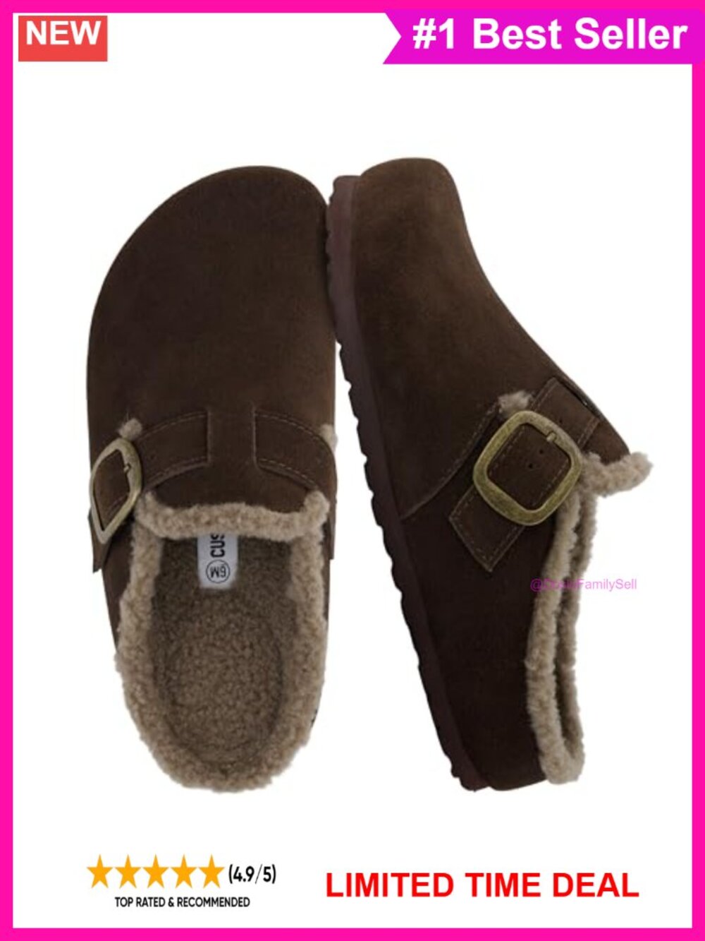 Genuine Leather Clogs Faux Fur Lined Slip-On Cork Footbed Buckle Mules
